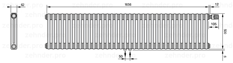 Схема (чертеж) Радиатор Zehnder Charleston 2050/36 №V008 Белый глянцевый RAL 9016